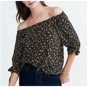 Madewell 100% Silk Off the Shoulder Top Small Falling Leaves Tie Sleeves Sheer